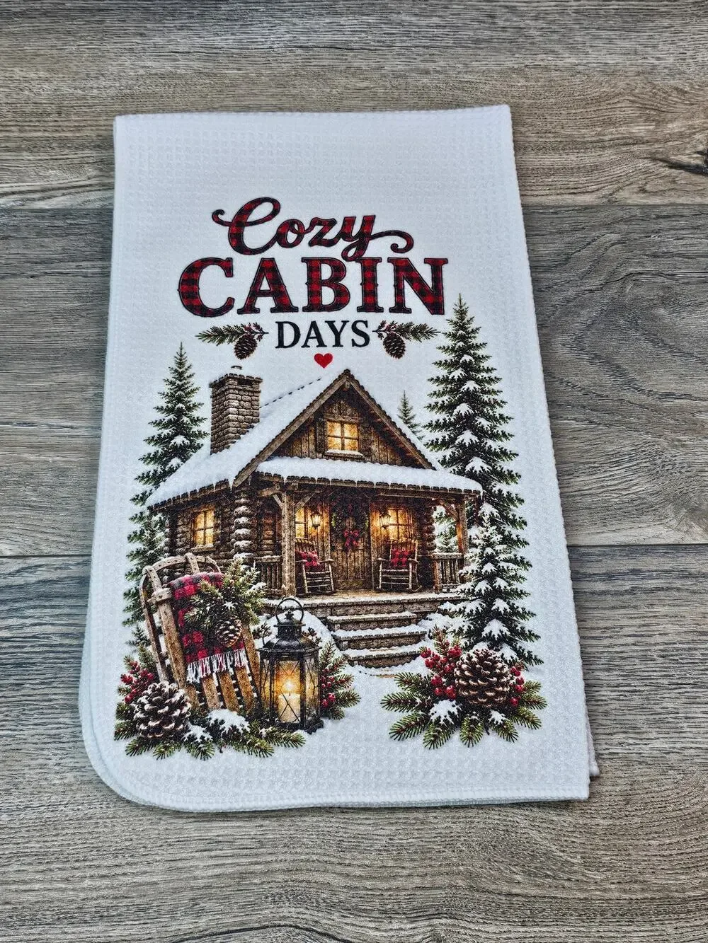 Cozy Cabin Days Winter Kitchen Towel Rustic Farmhouse Snowy Cabin Decor